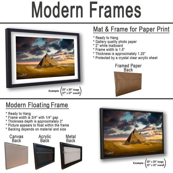 The image is a collage of two framed pictures, one of a pyramid and one of a sunset. The framed picture is a mat and frame for a paper print, while the other is a modern floating frame.