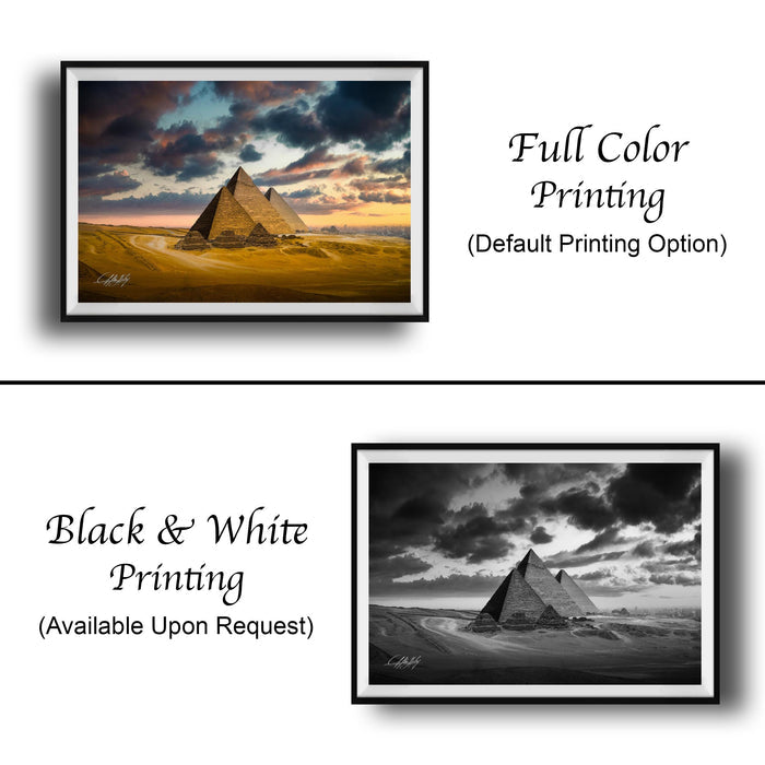 The image is a collage of two framed pictures. The top picture is a full-color print of the Great Pyramids of Giza, while the bottom picture is a black and white print of the same scene. Both pictures are framed and available upon request.