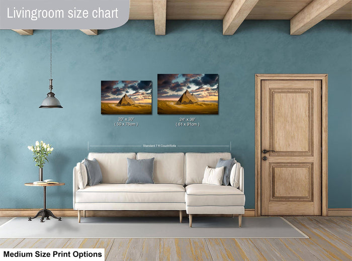a living room with a white sofa, a wooden door, and a painting of a desert landscape on the wall. The painting is of a pyramid and the sofa is white. The living room has a blue wall and a wooden floor.