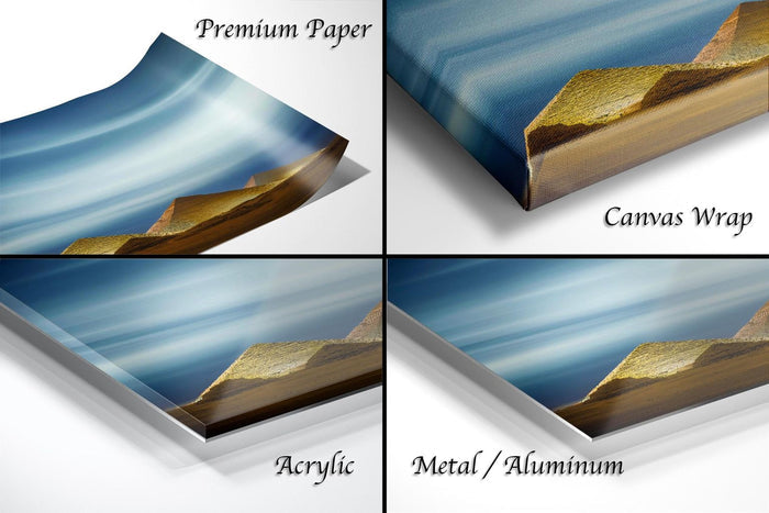 The image is a collage of four different images, each depicting a landscape scene. The images are labeled as "Premium Paper", "Canvas Wrap", "Acrylic", and "Metal/Aluminum".
