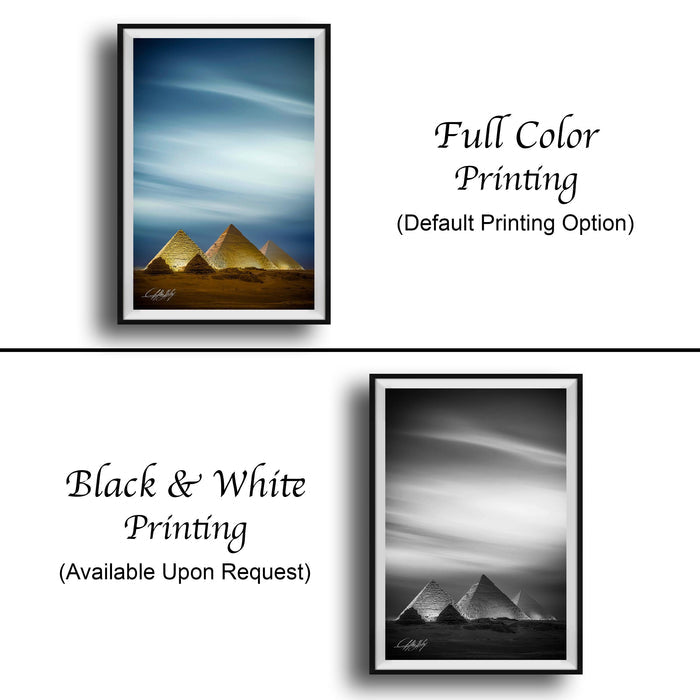 The image is a collage of two framed pictures. The top picture is a full color print of the pyramids of Giza, while the bottom picture is a black and white print of the same pyramids. Both pictures are framed and available upon request.