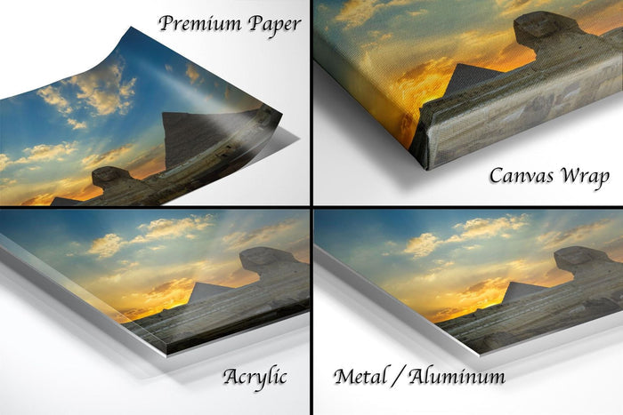 The image is a collage of four different images depicting the pyramids of Giza against a sunset sky. The images are labeled as "Premium Paper", "Canvas Wrap", "Acrylic", and "Metal/Aluminum".