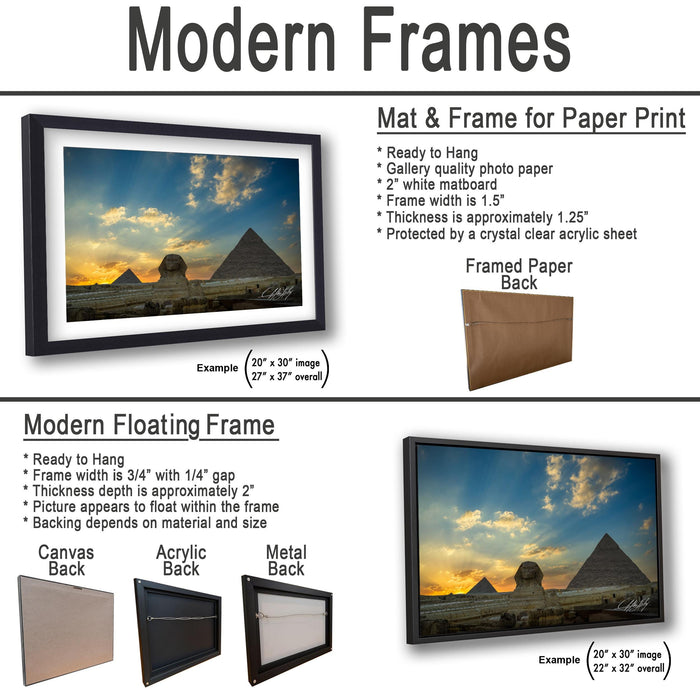 The image is a collage of two framed pictures, one of the pyramids of Giza and the other of a sunset. The framed picture is a mat and frame for a paper print, while the other is a modern floating frame.