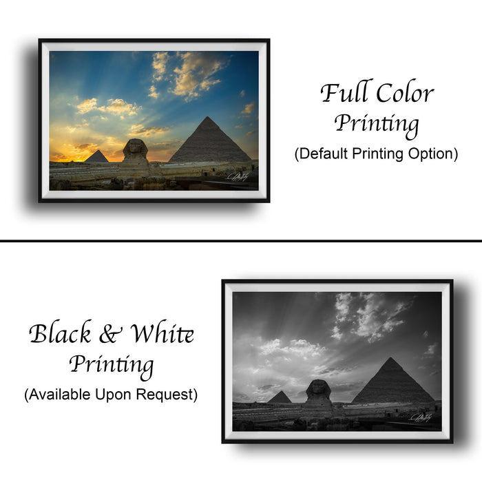 The image is a collage of two framed pictures, one in black and white and the other in full color. The black and white picture shows the pyramids of Giza, while the full color picture displays the same pyramids in a more vibrant palette. Both pictures are framed and available upon request.
