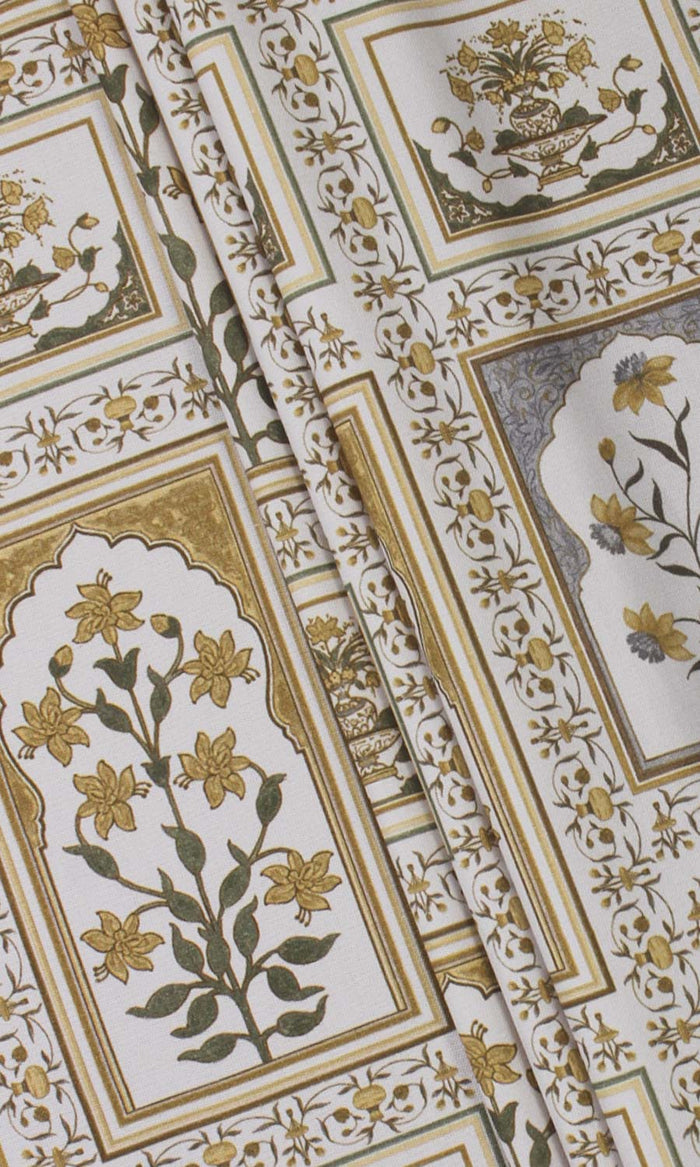 Floral Cotton Fabric By the Metre for Curtains & Drapes (Grey/ Yellow)