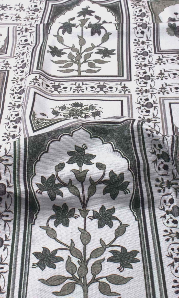 Floral Cotton Fabric By the Metre for Curtains & Drapes (White/ Grey)