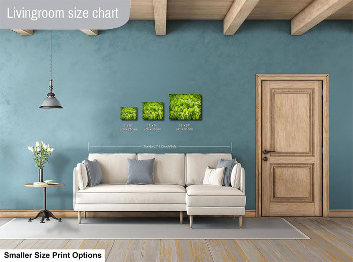 a living room with a white sofa, a wooden door, and a hanging light fixture. There are three framed artworks displayed on the wall, each with a different size and resolution. The living room appears to be designed for a smaller, more intimate space.