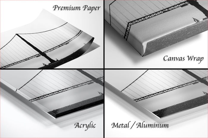The image is a collage of four different pictures, each depicting a bridge. The first picture is a close-up of a bridge, the second picture is a close-up of a bridge, the third picture is a close-up of a bridge, and the fourth picture is a close-up of a bridge. The text labels the images as "Premium Paper", "Canvas Wrap", "Acrylic", and "Metal/Aluminum".