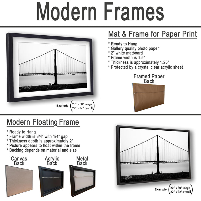 The image is a collage of two framed pictures, one of a suspension bridge and one of a black and white photo of a bridge. The text provides information about the frames, including their sizes and materials.