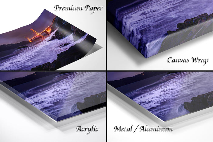 The image is a collage of four different images, each depicting a different aspect of a coastal landscape. The images include a close-up view of the ocean, a close-up view of the Golden Gate Bridge, a close-up view of the rocky shore, and a close-up view of the waves crashing against the shore. The images are labeled as "Premium Paper", "Canvas Wrap", "Acrylic", and "Metal/Aluminum" to describe the materials used in the prints.