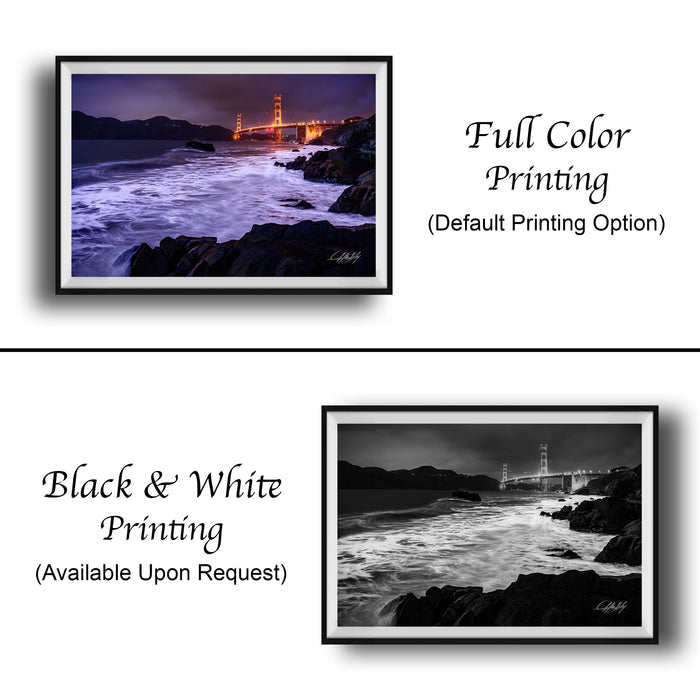 The image is a collage of two framed photographs. The top photograph is a full color print of the Golden Gate Bridge at night, with the bridge illuminated and the ocean in the background. The bottom photograph is a black and white print of the same bridge at night, with the bridge and the ocean in the background. Both photographs are framed and available upon request.