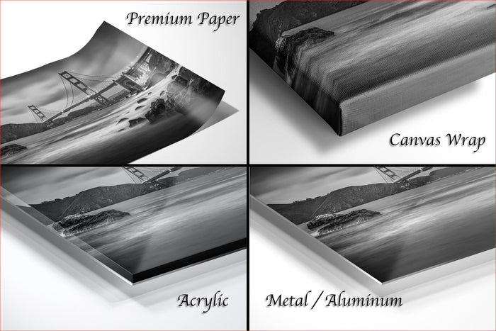 four different views of a black and white photograph of the Golden Gate Bridge, with each view labeled as either "Premium Paper", "Canvas Wrap", "Acrylic", or "Metal/Aluminum".