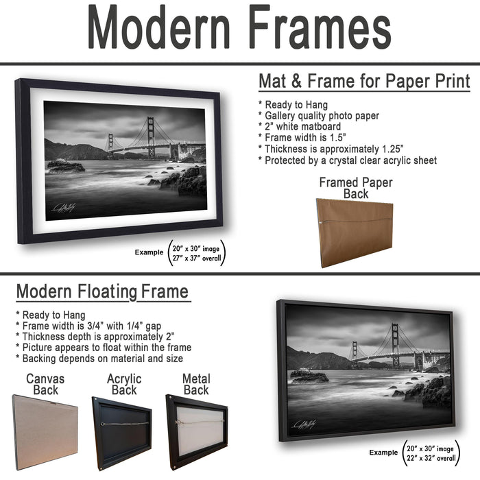 The image is a collection of framed artworks, including a mat and frame for a paper print, a modern floating frame, and a framed paper back. The artworks are displayed in various sizes and frame types, showcasing the versatility of these frames for different artistic purposes.