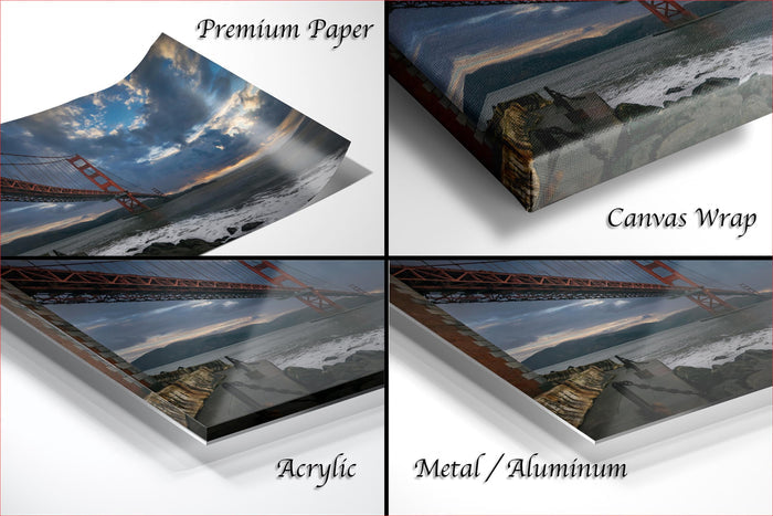 four different views of a photograph of the Golden Gate Bridge, with the text "Premium Paper", "Canvas Wrap", "Acrylic", and "Metal/Aluminum" indicating the materials used to print the image.