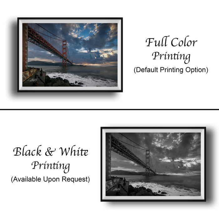 The image is a collage of two framed pictures. The top picture is a full color print of the Golden Gate Bridge, while the bottom picture is a black and white print of the same bridge. Both pictures are framed and available upon request.