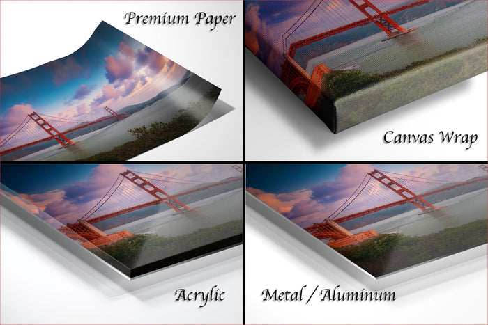The image is a collage of four different views of the Golden Gate Bridge, with each view presented in a different medium: premium paper, canvas wrap, acrylic, and metal/aluminum.