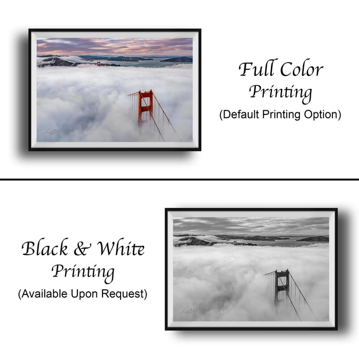 The image is a collage of two framed pictures. The top picture is a black and white photograph of the Golden Gate Bridge in foggy conditions, while the bottom picture is a full color photograph of the same bridge. Both pictures are framed and displayed side by side, with the top picture labeled as "Full Color Printing" and the bottom picture labeled as "Black & White Printing".