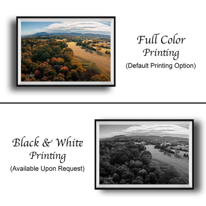 The image is a collage of two framed landscape photographs. The top photograph is a full color print, while the bottom photograph is a black and white print. Both images depict a scenic landscape with trees and a body of water. The top photograph is labeled "Full Color Printing" and the bottom photograph is labeled "Black & White Printing" and "Available Upon Request".