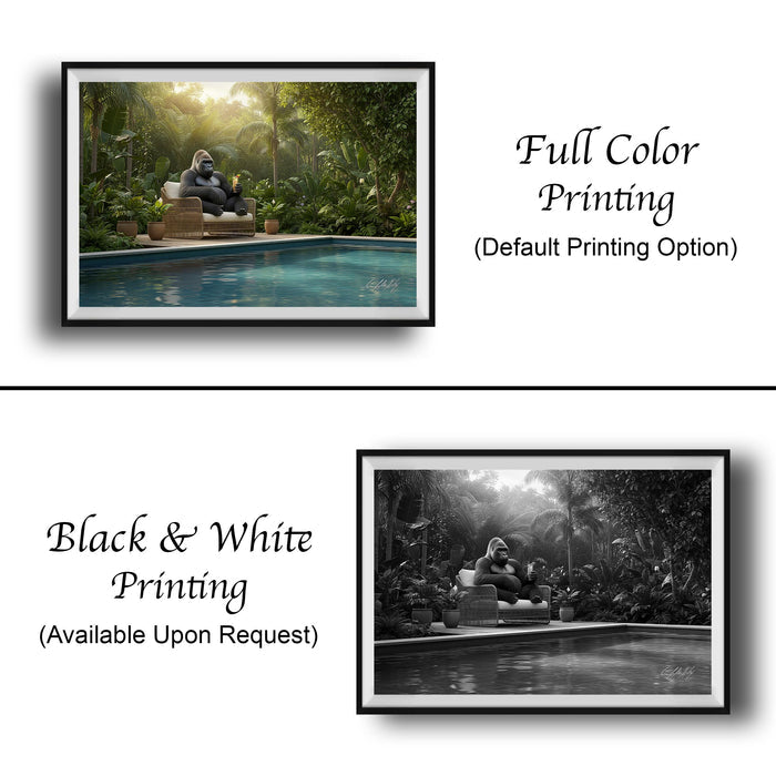 The image is a collage of two framed pictures. The top picture is a full color print of a person sitting on a bench in a jungle setting, while the bottom picture is a black and white print of the same person sitting on a bench in a similar setting.