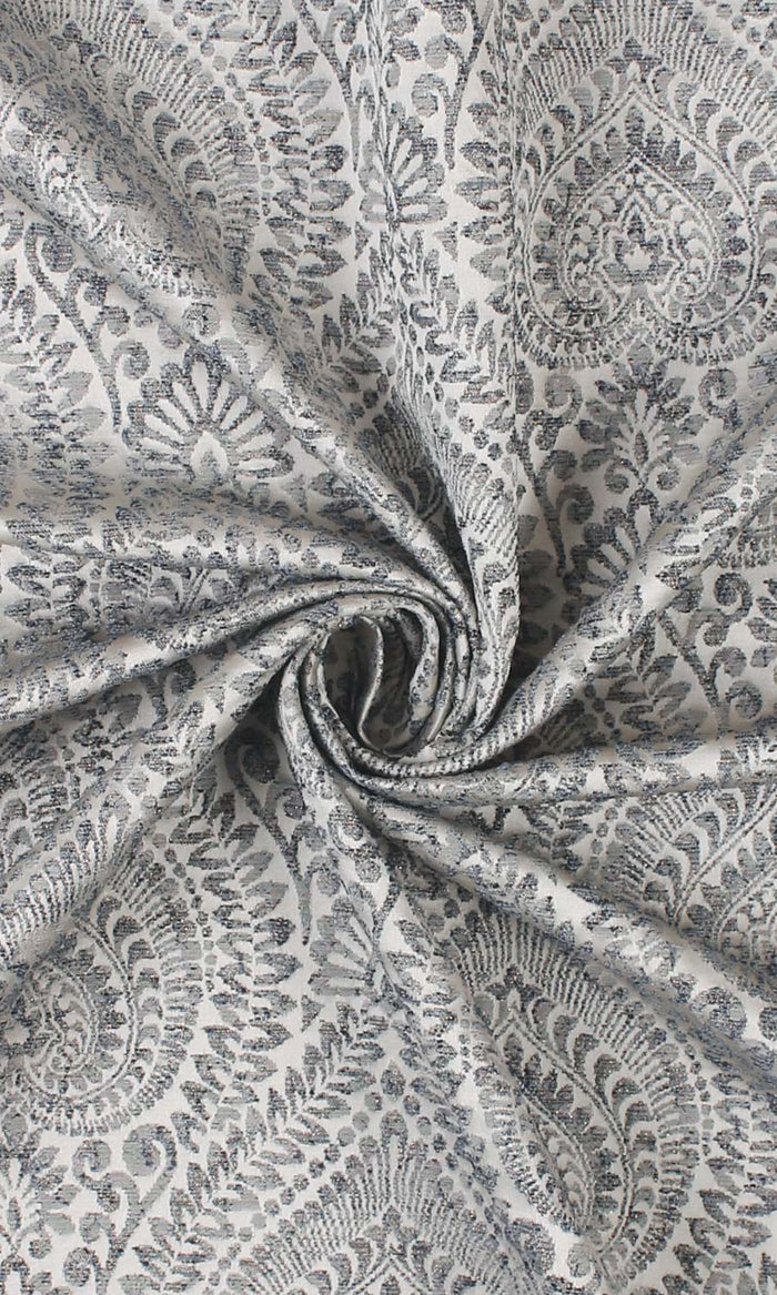 Textured Floral Fabric Material By the Metre (Grey/ Deep Blue)