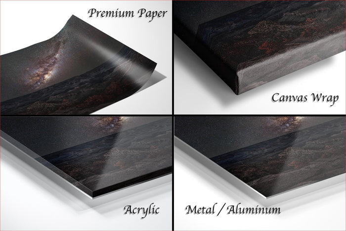 The image is a collage of four different materials used for printing or displaying artwork, including premium paper, canvas wrap, acrylic, and metal/aluminum.