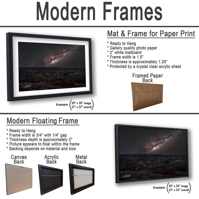 The image is a collage of various framed artworks, including a mat and frame for a paper print, a modern floating frame, and a framed paper back. The artworks are displayed in different sizes and frame types, showcasing the versatility of framed artworks.