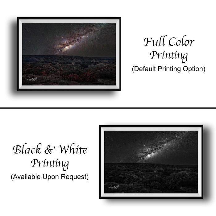 The image is a collage of two framed photographs. The top photograph is a black and white image of a rocky landscape, while the bottom photograph is a full color image of the same landscape. The text below the images indicates that the full color printing is available upon request.