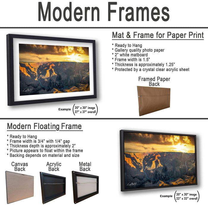 The image is a collage of three framed artworks, each with a different frame and backing material. The first frame is a mat and frame for a paper print, the second frame is a modern floating frame, and the third frame is a mat and frame for a printed back.