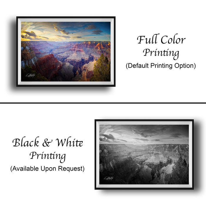 two framed landscape photographs. The top photograph is a full-color print, while the bottom photograph is a black and white print. Both options are available upon request.
