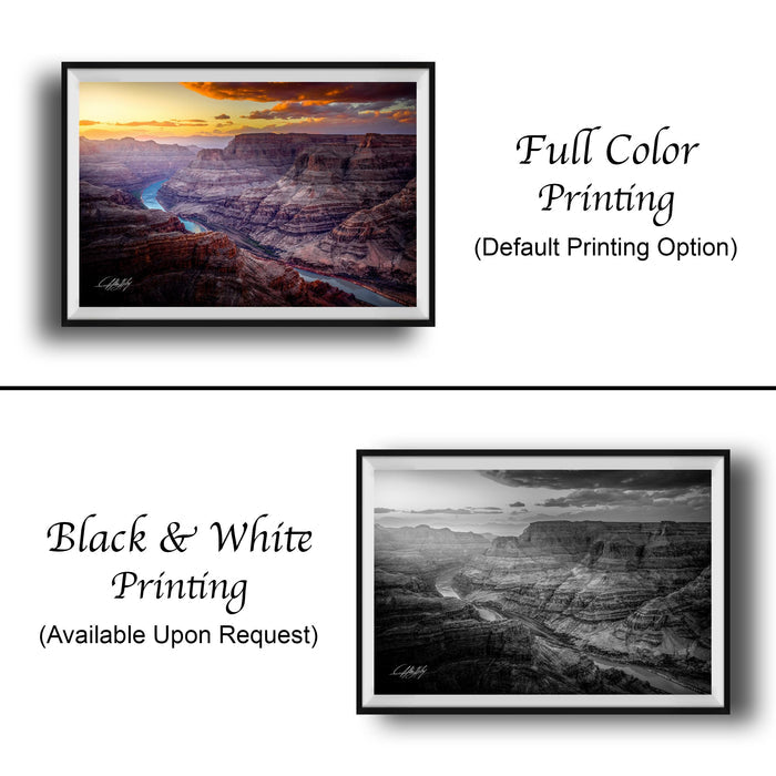 The image is a collage of two framed pictures. The top picture is a full color print of a scenic landscape, while the bottom picture is a black and white print of the same landscape. Both pictures are framed and displayed side by side, showcasing the contrast between the full color and black and white versions of the same image.