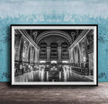The image is a black and white photograph of a grand, ornate interior space with high ceilings, arched windows, and intricate architectural details.