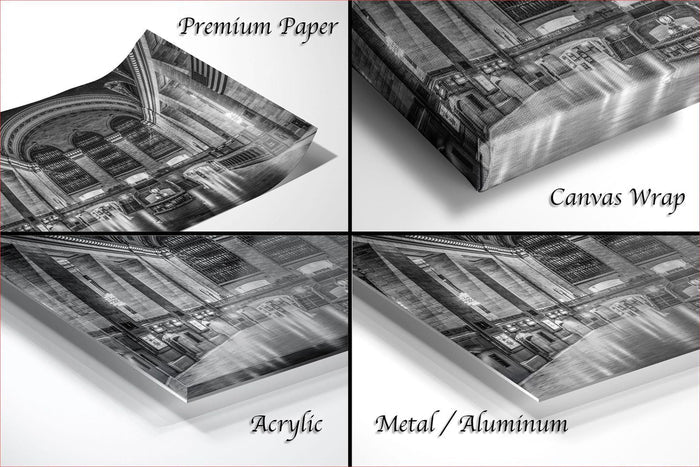 four different views of a building, including a close-up of the facade, a top-down view, a side view, and a bottom-up view. The image is labeled as "Premium Paper", "Canvas Wrap", "Acrylic", and "Metal/Aluminum".