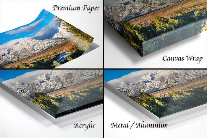 The image is a collage of four different images, each depicting a landscape with mountains, trees, and a body of water. The images are labeled as "Premium Paper", "Canvas Wrap", "Acrylic", and "Metal/Aluminum" to describe the materials used for the prints.