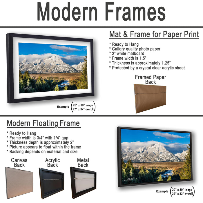 The image is a comparison of modern frames for different types of artwork, including a mat and frame for paper print, a framed paper back, and a modern floating frame.