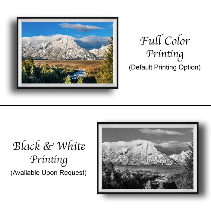 The image is a collage of two framed pictures. The top picture is a full color print of a mountain landscape, while the bottom picture is a black and white print of the same mountain landscape. Both pictures are framed and available upon request.
