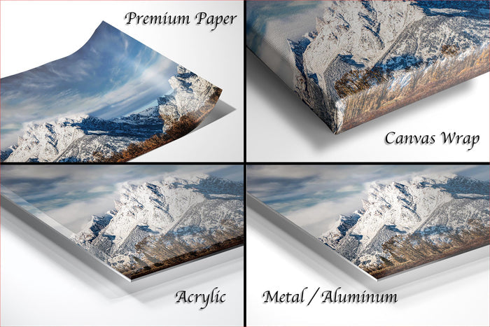 The image is a collage of four different pictures, each depicting a snowy mountain landscape. The images are labeled as "Premium Paper", "Canvas Wrap", "Acrylic", and "Metal/Aluminum" to describe the materials used for the prints.