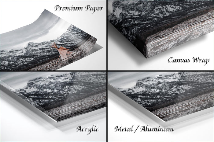 The image is a collage of four different types of prints or prints, including a premium paper print, a canvas wrap, an acrylic print, and a metal/aluminum print.