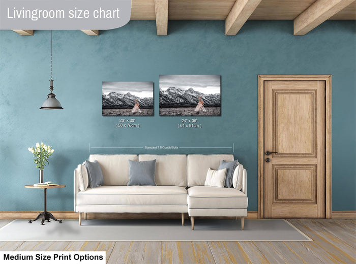 a living room with a white sofa and a wooden door. Above the sofa, there are two framed landscape paintings hanging on the wall, depicting a mountain scene. The wall has a blue color, and the floor is covered with a rug.