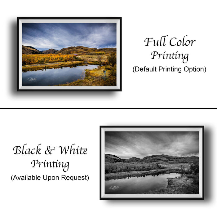 The image is a collage of two framed landscape photographs. The top photograph is a full color print, while the bottom photograph is a black and white print. Both images depict a serene landscape with a lake and mountains in the background. The top photograph is labeled "Full Color Printing" and the bottom photograph is labeled "Black & White Printing" and "Available Upon Request".
