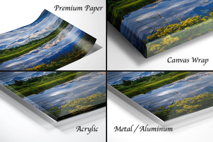 The image is a collage of four different images, each depicting a landscape scene. The images are labeled as "Premium Paper", "Canvas Wrap", "Acrylic", and "Metal/Aluminum".
