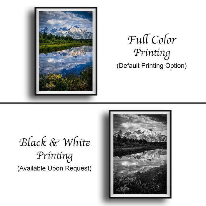The image is a collage of two framed pictures, one in black and white and the other in full color. The black and white picture depicts a serene landscape with a lake and mountains, while the full color picture showcases a vibrant and detailed scene with a lake and mountains. Both pictures are framed and available upon request.