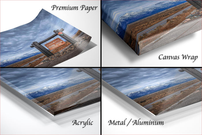 four different views of a scenic landscape, including a sign, a road, a mountain range, and a valley. The images are labeled as "Premium Paper", "Canvas Wrap", "Acrylic", and "Metal/Aluminum".