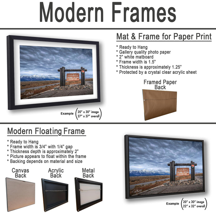The image is a collage of two framed pictures, one of a mat and frame for paper print and the other of a modern floating frame. The mat and frame for paper print is ready to hang, has a gallery quality photo paper, a white matboard, a frame width of 1½", and is protected by a crystal clear acrylic sheet. The modern floating frame has a frame width of 3½", a white matboard, a picture that appears to float within the frame, and is backing depends on material and size.