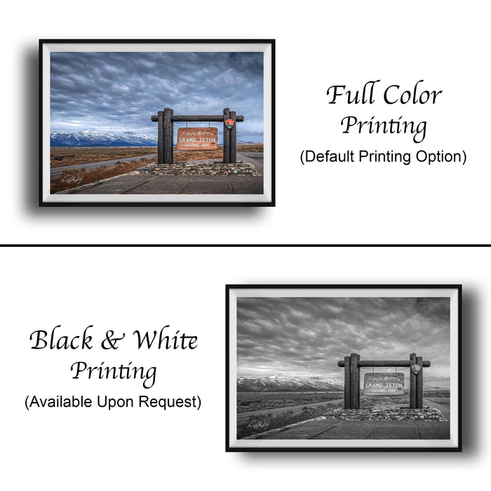 The image is a collage of two framed pictures. The top picture is a black and white photograph of a sign, while the bottom picture is a full color photograph of the same sign. The text below the images indicates that the full color version is available upon request.