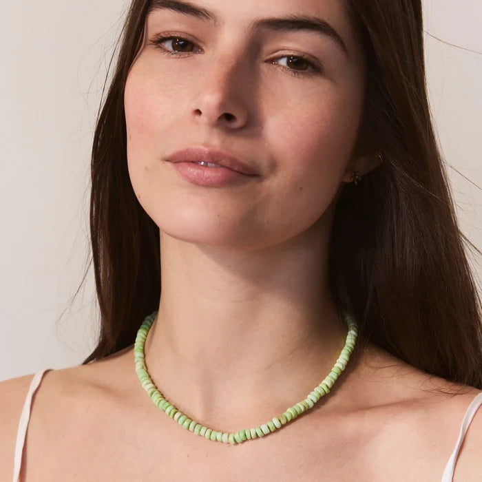 Green Opal Bloom Beaded Necklace Silver in sterling silver with green opal, shown worn on hand