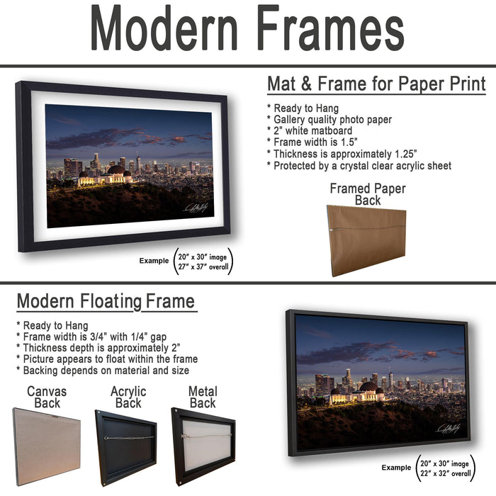 The image is a collage of two framed pictures, one of a city skyline at night and the other of a city skyline at dusk. The framed pictures are available in various sizes and materials, including mat and frame for paper print, modern floating frame, and acryclic and metal back.