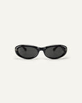 Face shot of Bonnie Clyde Groupie sunglasses in black with black lenses.