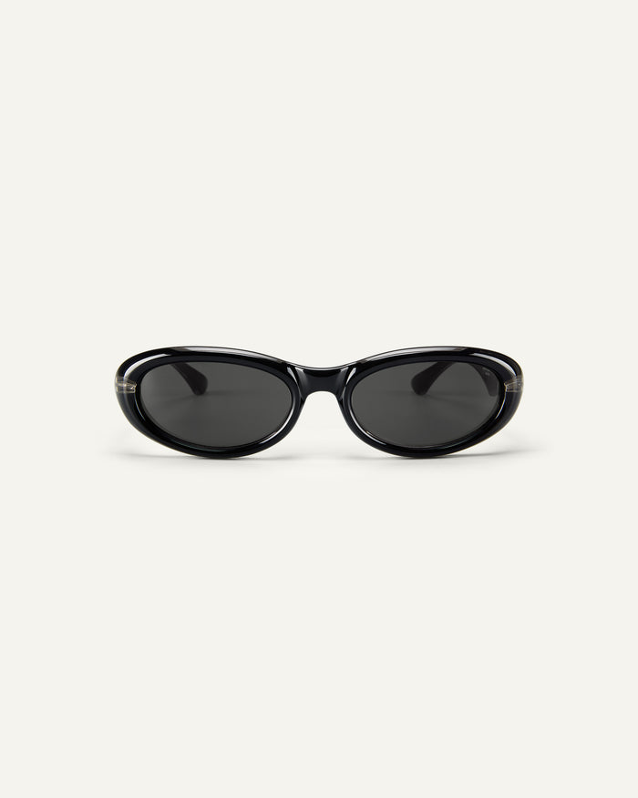 Face shot of Bonnie Clyde Groupie sunglasses in black with black lenses.