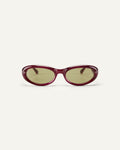 Face shot of Bonnie Clyde Groupie sunglasses in wine with olive lenses.