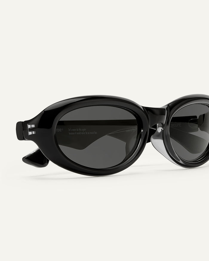 Close-up shot of Bonnie Clyde Groupie sunglasses in black with black lenses.